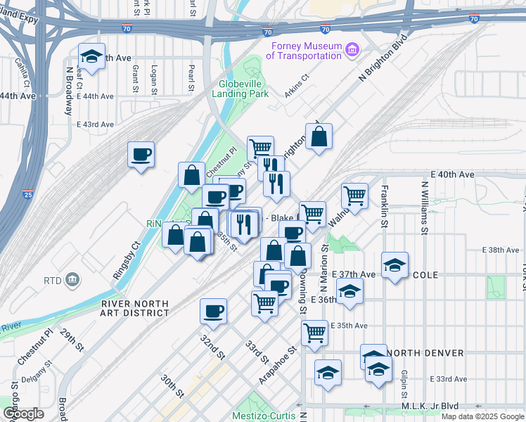 map of restaurants, bars, coffee shops, grocery stores, and more near 3650 Wynkoop Street in Denver