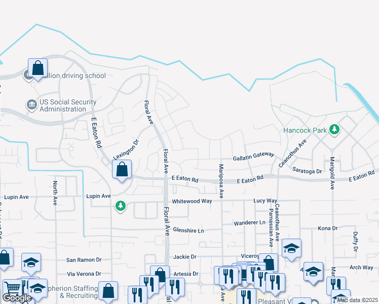 map of restaurants, bars, coffee shops, grocery stores, and more near 3215 Trickle Creek in Chico
