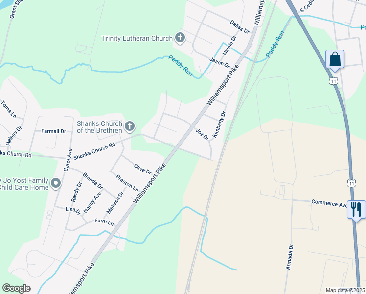 map of restaurants, bars, coffee shops, grocery stores, and more near 11858 Williamsport Pike in Greencastle