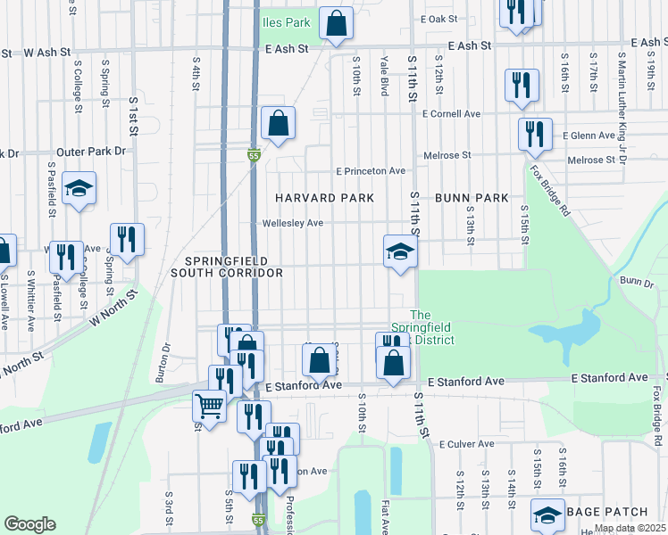 map of restaurants, bars, coffee shops, grocery stores, and more near 2504 South 9th Street in Springfield