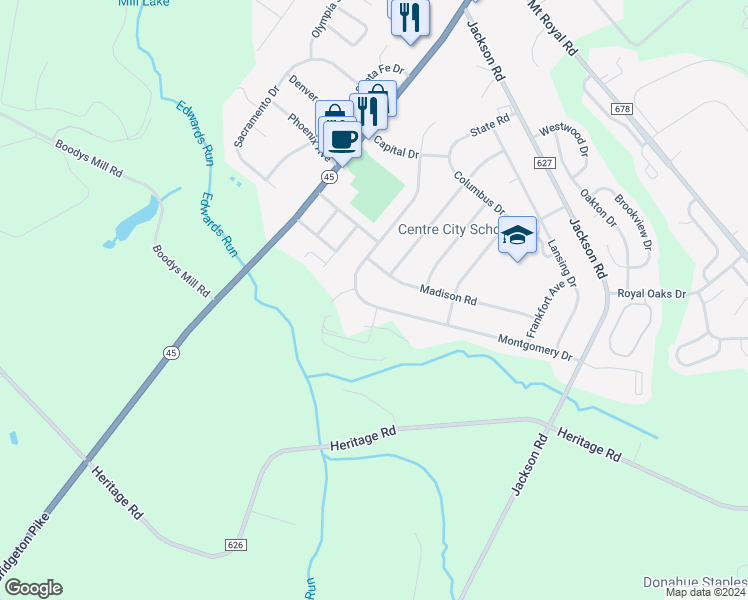 map of restaurants, bars, coffee shops, grocery stores, and more near 254 Montgomery Drive in Mantua Township