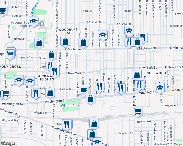 map of restaurants, bars, coffee shops, grocery stores, and more near 2205 East New York Street in Indianapolis
