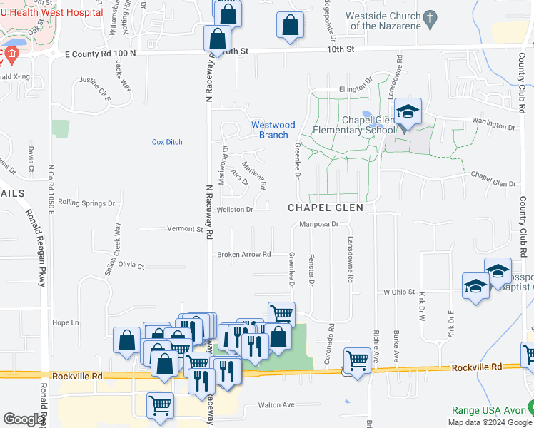 map of restaurants, bars, coffee shops, grocery stores, and more near 9189 Wellston Drive in Indianapolis
