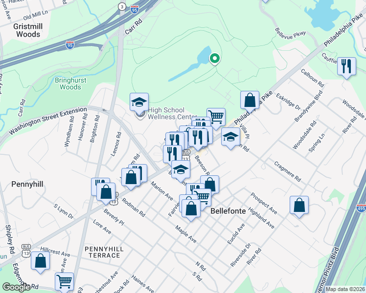 map of restaurants, bars, coffee shops, grocery stores, and more near 726 Seville Avenue in Wilmington