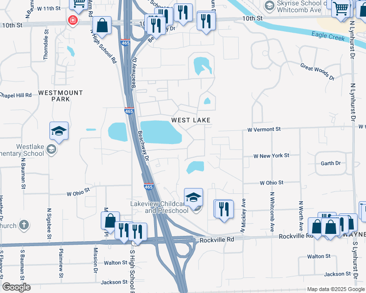 map of restaurants, bars, coffee shops, grocery stores, and more near 6000 West Lake South Drive in Indianapolis