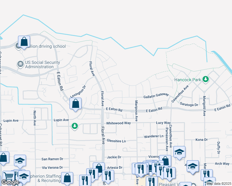 map of restaurants, bars, coffee shops, grocery stores, and more near 3215 Trickle Creek in Chico