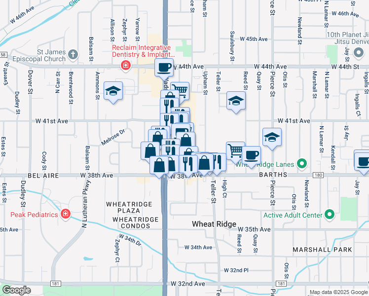 map of restaurants, bars, coffee shops, grocery stores, and more near 3830 Wadsworth Boulevard in Wheat Ridge