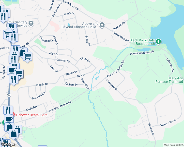 map of restaurants, bars, coffee shops, grocery stores, and more near 141 Sara Lane in Hanover