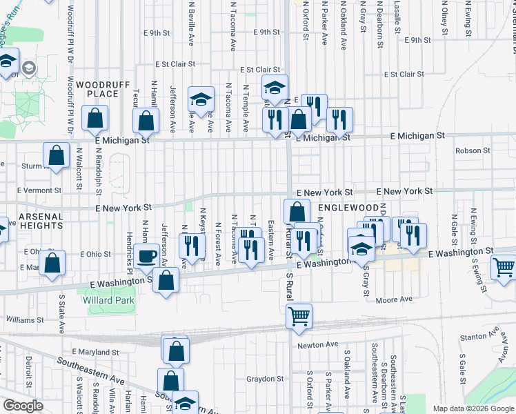 map of restaurants, bars, coffee shops, grocery stores, and more near 236 Eastern Avenue in Indianapolis