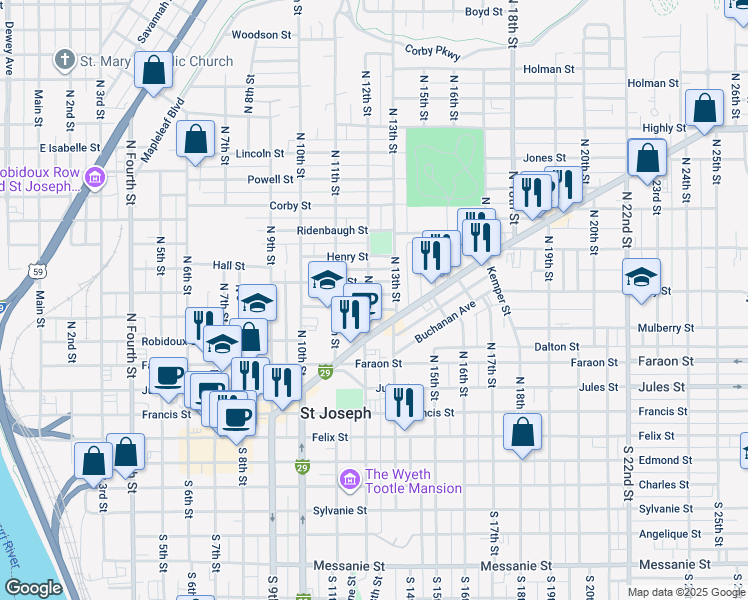 map of restaurants, bars, coffee shops, grocery stores, and more near 603 North 12th Street in Saint Joseph