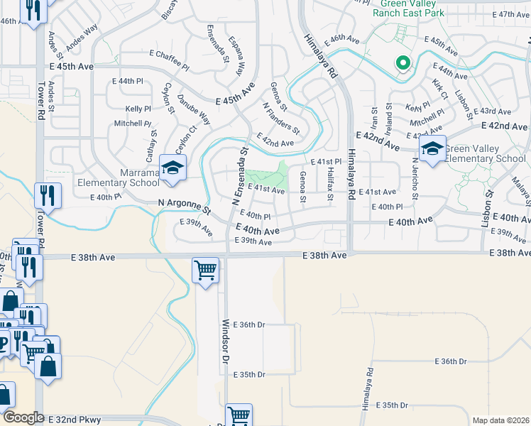 map of restaurants, bars, coffee shops, grocery stores, and more near 19551 East 40th Place in Denver