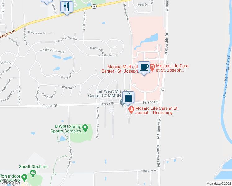 map of restaurants, bars, coffee shops, grocery stores, and more near 5119 Mulberry Terrace in Saint Joseph