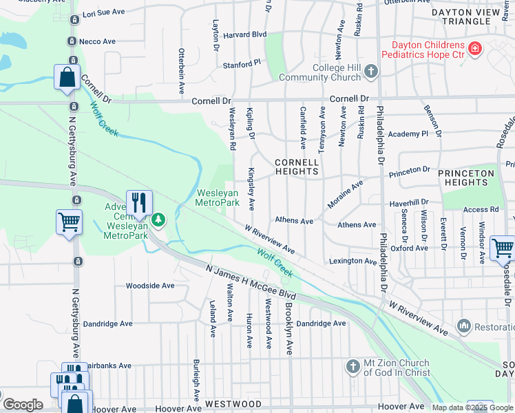 map of restaurants, bars, coffee shops, grocery stores, and more near 1315 Alcott Avenue in Dayton