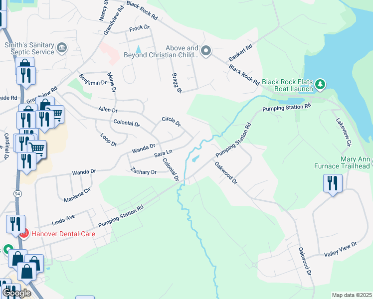 map of restaurants, bars, coffee shops, grocery stores, and more near 141 Sara Lane in Hanover