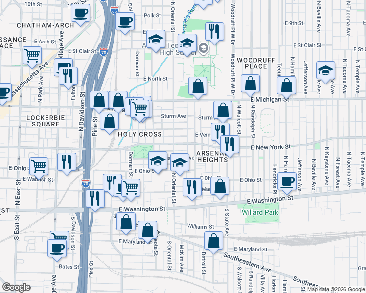 map of restaurants, bars, coffee shops, grocery stores, and more near 1421 East New York Street in Indianapolis