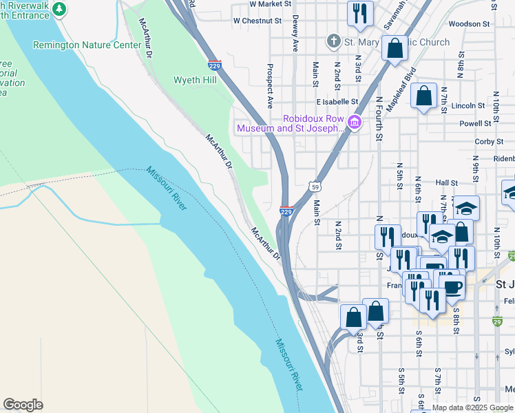 map of restaurants, bars, coffee shops, grocery stores, and more near 306 West Antoine Street in Saint Joseph