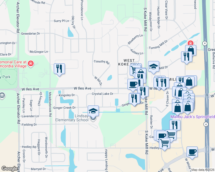 map of restaurants, bars, coffee shops, grocery stores, and more near 3605 West Iles Avenue in Springfield