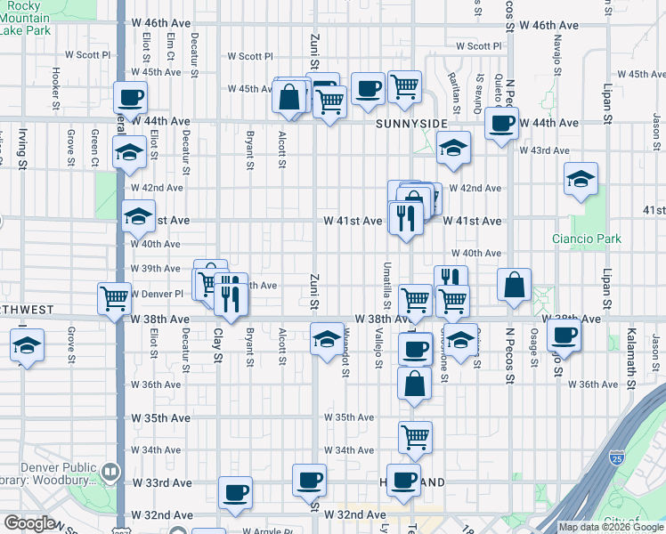 map of restaurants, bars, coffee shops, grocery stores, and more near 3935 Wyandot Street in Denver