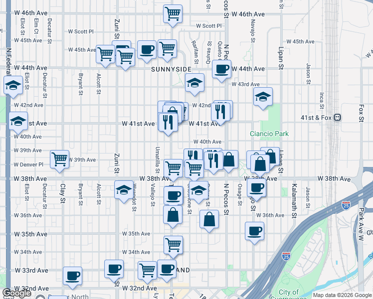 map of restaurants, bars, coffee shops, grocery stores, and more near in Denver
