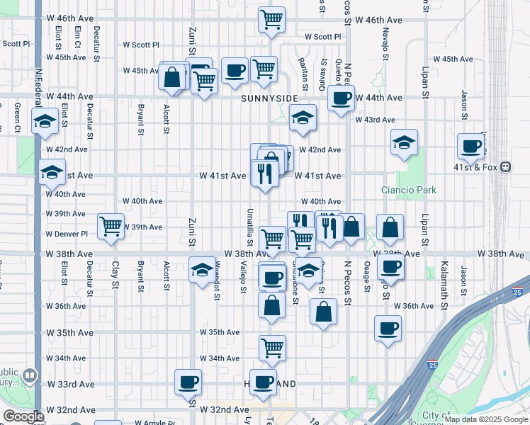 map of restaurants, bars, coffee shops, grocery stores, and more near 3922 Umatilla Street in Denver
