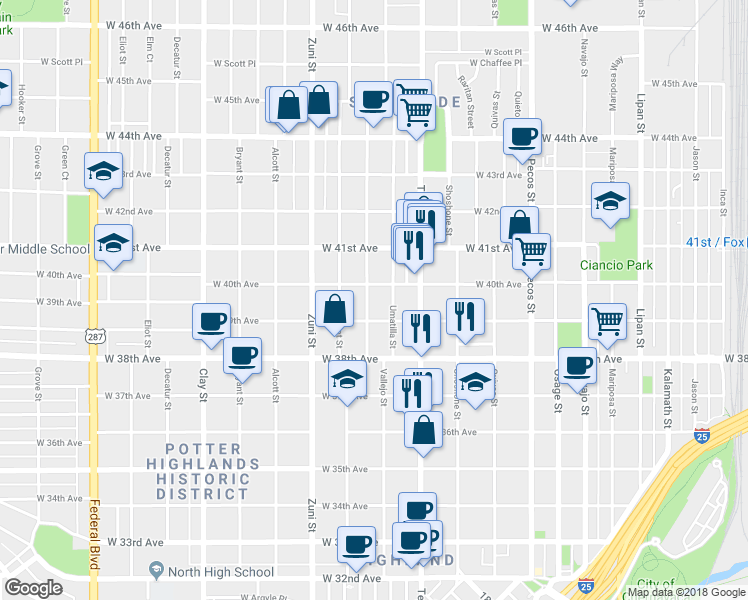 map of restaurants, bars, coffee shops, grocery stores, and more near 3926 Vallejo Street in Denver