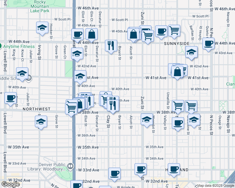 map of restaurants, bars, coffee shops, grocery stores, and more near 3921 Bryant Street in Denver
