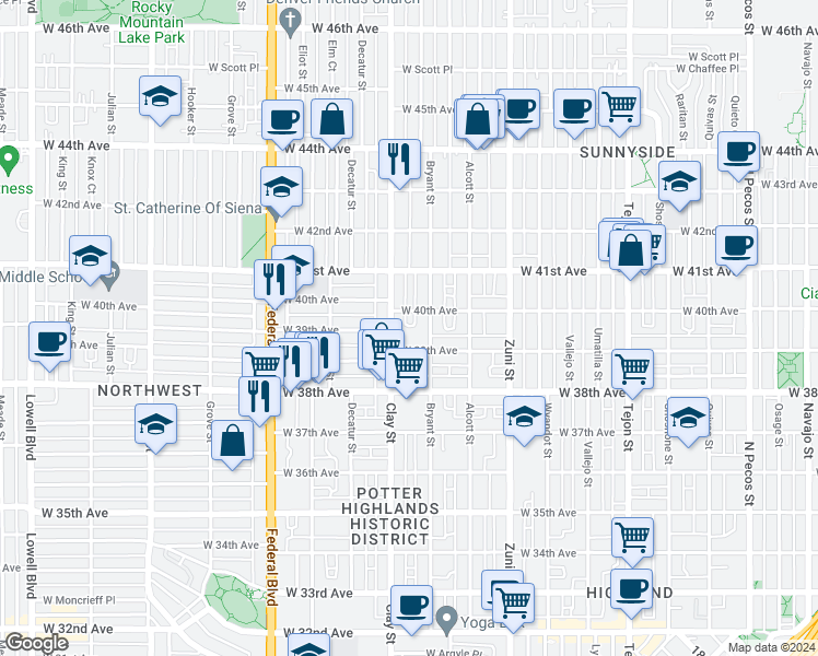 map of restaurants, bars, coffee shops, grocery stores, and more near 3921 Bryant Street in Denver