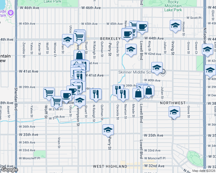 map of restaurants, bars, coffee shops, grocery stores, and more near 3880 Perry Street in Denver