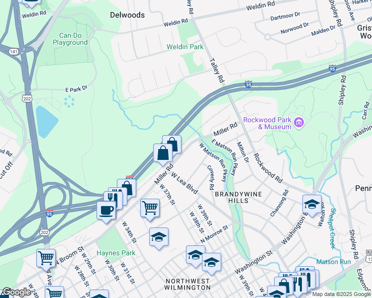 map of restaurants, bars, coffee shops, grocery stores, and more near 4315 Miller Road in Wilmington