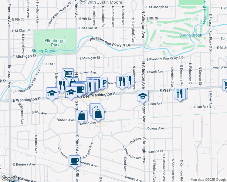 map of restaurants, bars, coffee shops, grocery stores, and more near 5750 East Washington Street in Indianapolis