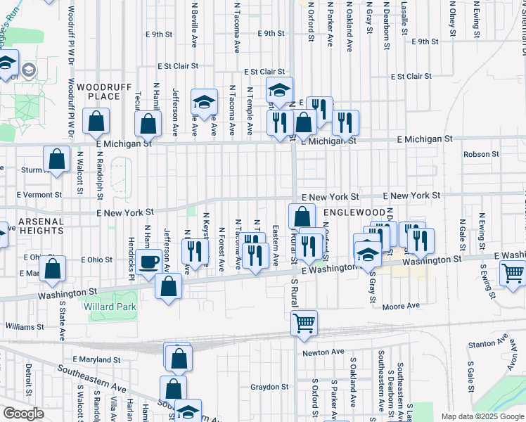 map of restaurants, bars, coffee shops, grocery stores, and more near 236 Eastern Avenue in Indianapolis