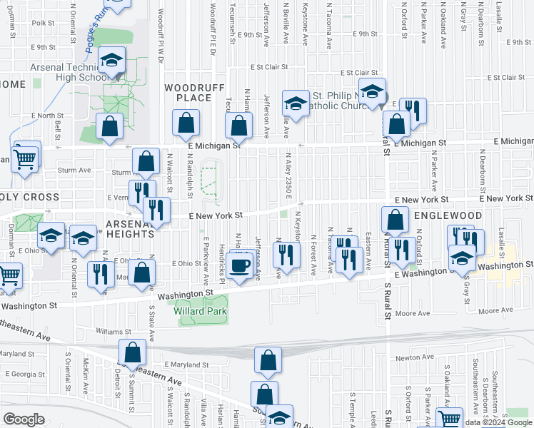 map of restaurants, bars, coffee shops, grocery stores, and more near 245 Jefferson Avenue in Indianapolis