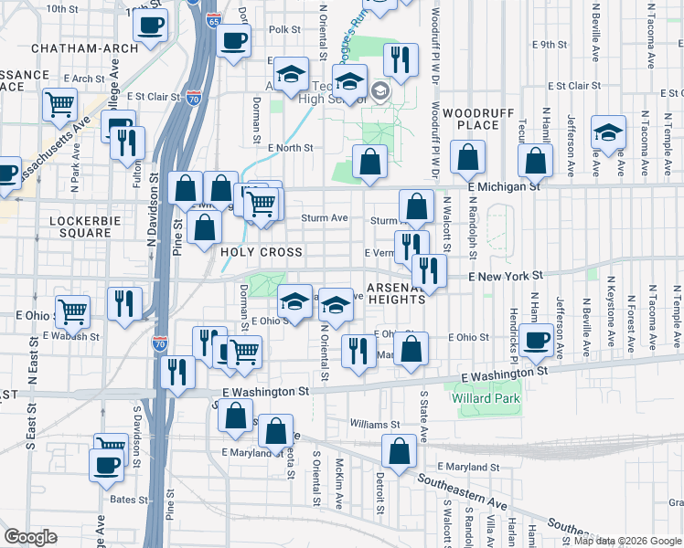 map of restaurants, bars, coffee shops, grocery stores, and more near 1421 East New York Street in Indianapolis
