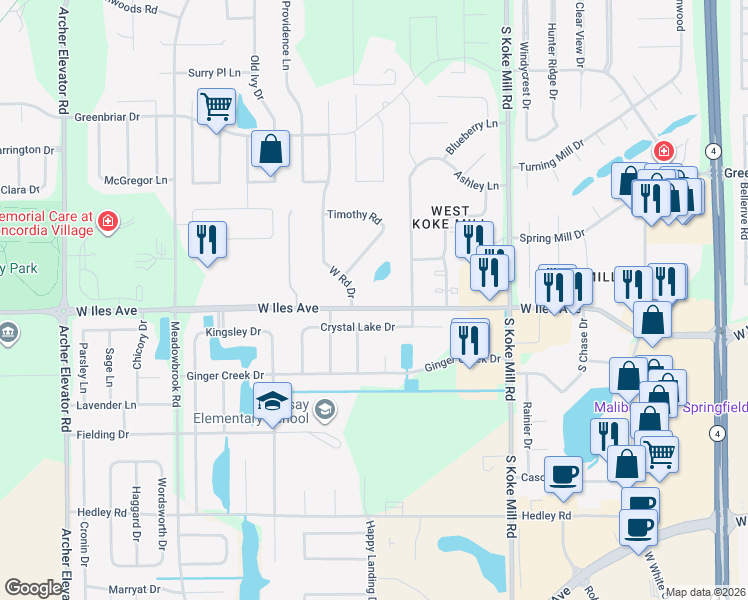 map of restaurants, bars, coffee shops, grocery stores, and more near 3605 West Iles Avenue in Springfield