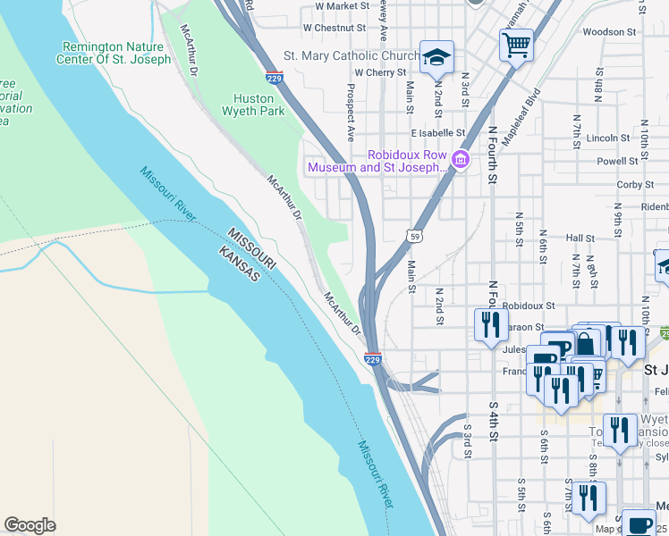 map of restaurants, bars, coffee shops, grocery stores, and more near 306 West Antoine Street in Saint Joseph
