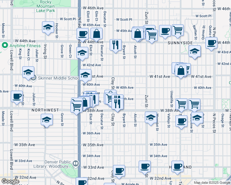 map of restaurants, bars, coffee shops, grocery stores, and more near 3921 Bryant Street in Denver