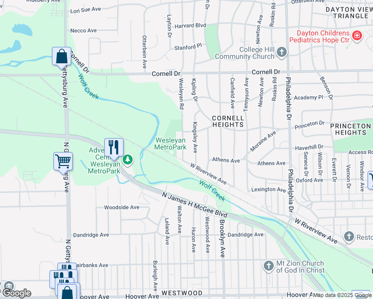 map of restaurants, bars, coffee shops, grocery stores, and more near 1335 Kingsley Avenue in Dayton
