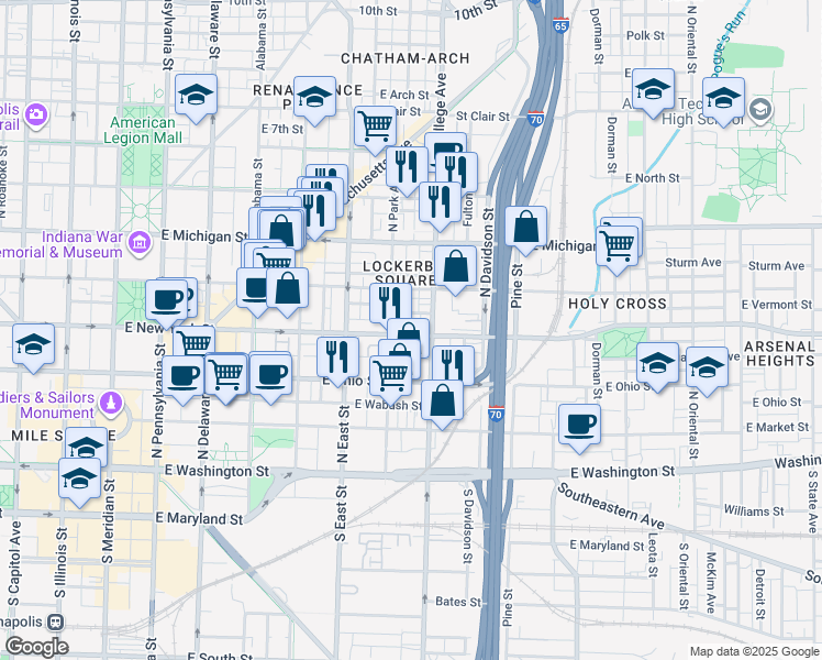 map of restaurants, bars, coffee shops, grocery stores, and more near 615 East New York Street in Indianapolis