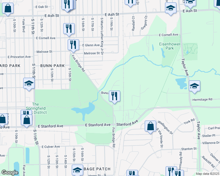 map of restaurants, bars, coffee shops, grocery stores, and more near 11 Park Ridge Road in Springfield