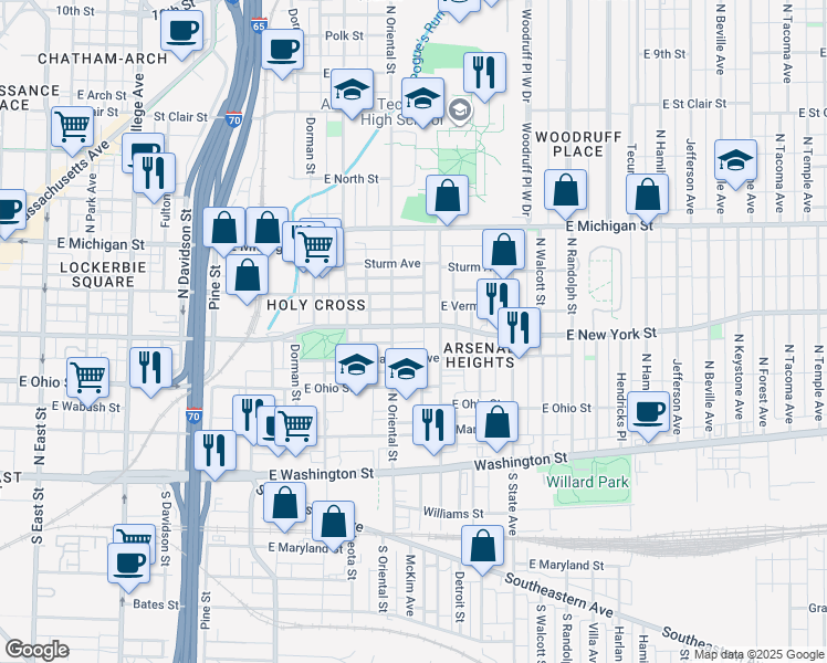 map of restaurants, bars, coffee shops, grocery stores, and more near 1421 East New York Street in Indianapolis