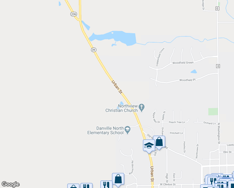 map of restaurants, bars, coffee shops, grocery stores, and more near 814 North State Road 39 in Danville