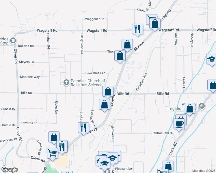 map of restaurants, bars, coffee shops, grocery stores, and more near 6218 Posey Lane in Paradise