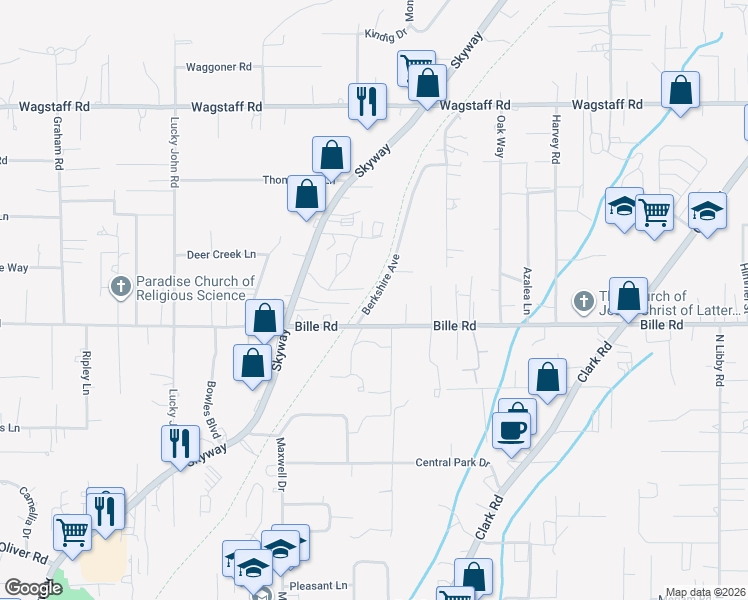 map of restaurants, bars, coffee shops, grocery stores, and more near Berkshire Avenue in Paradise