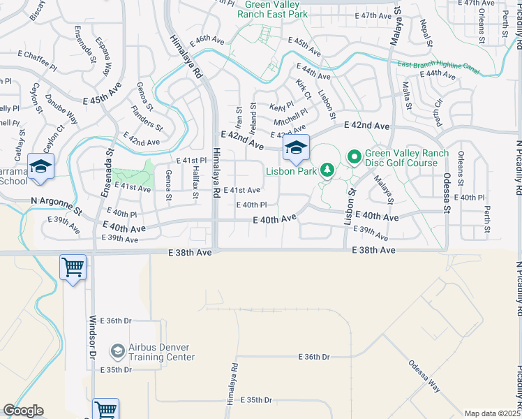 map of restaurants, bars, coffee shops, grocery stores, and more near 20361 East 40th Avenue in Denver