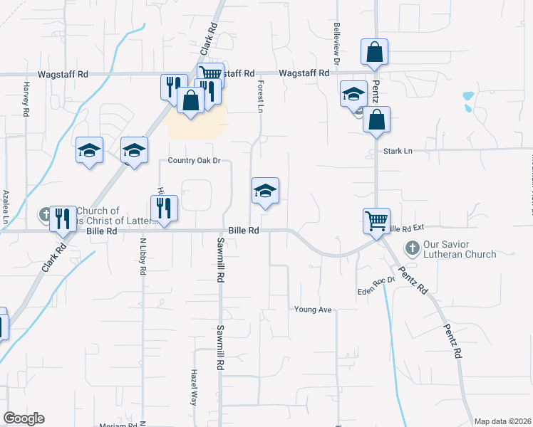 map of restaurants, bars, coffee shops, grocery stores, and more near 1573 Bille Road in Paradise