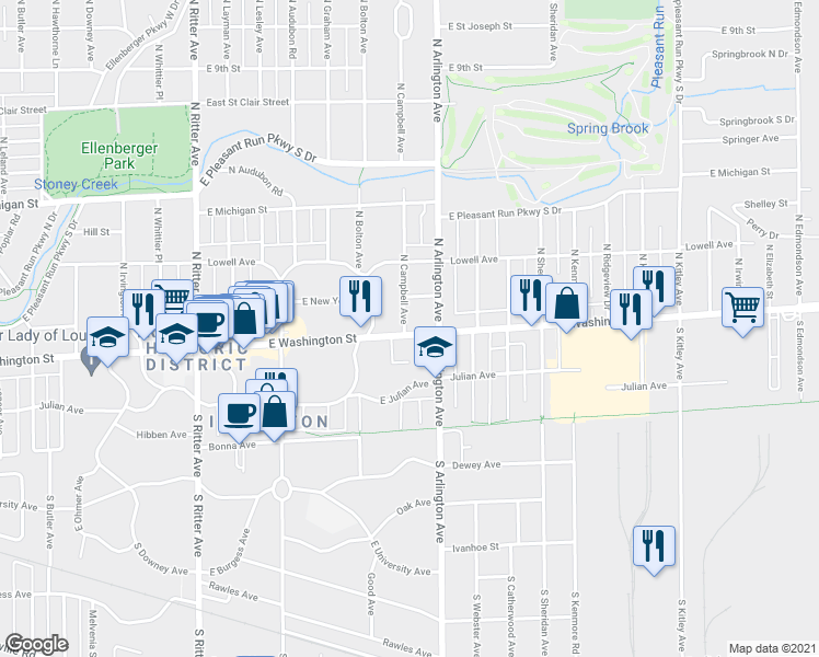 map of restaurants, bars, coffee shops, grocery stores, and more near 5900 East Washington Street in Indianapolis