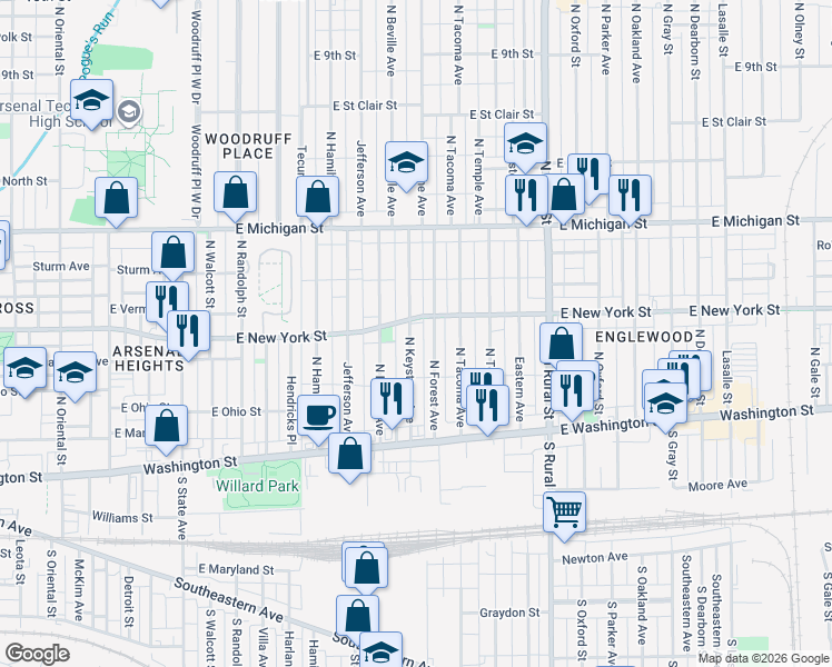 map of restaurants, bars, coffee shops, grocery stores, and more near 238 North Forest Avenue in Indianapolis