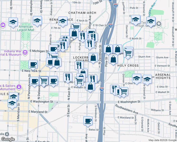 map of restaurants, bars, coffee shops, grocery stores, and more near 718 East New York Street in Indianapolis