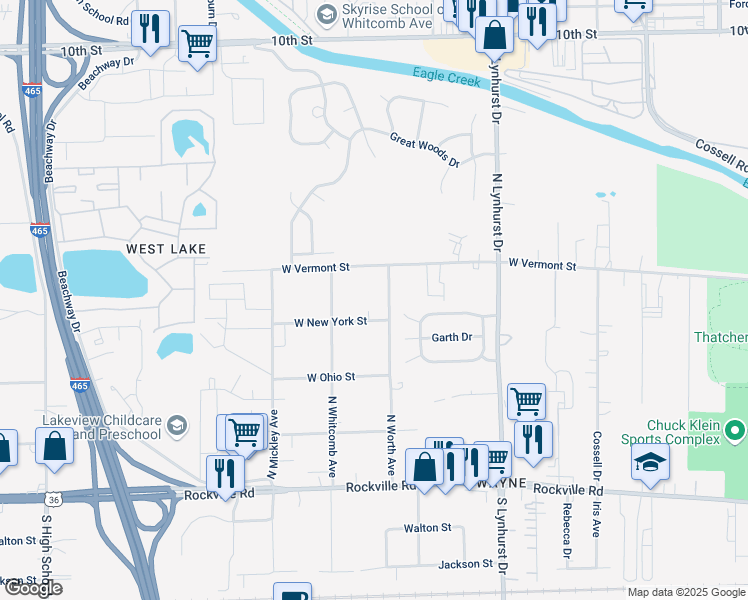 map of restaurants, bars, coffee shops, grocery stores, and more near 5520 West New York Street in Indianapolis