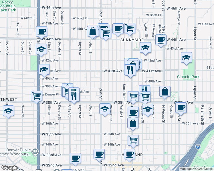map of restaurants, bars, coffee shops, grocery stores, and more near 3935 Wyandot Street in Denver